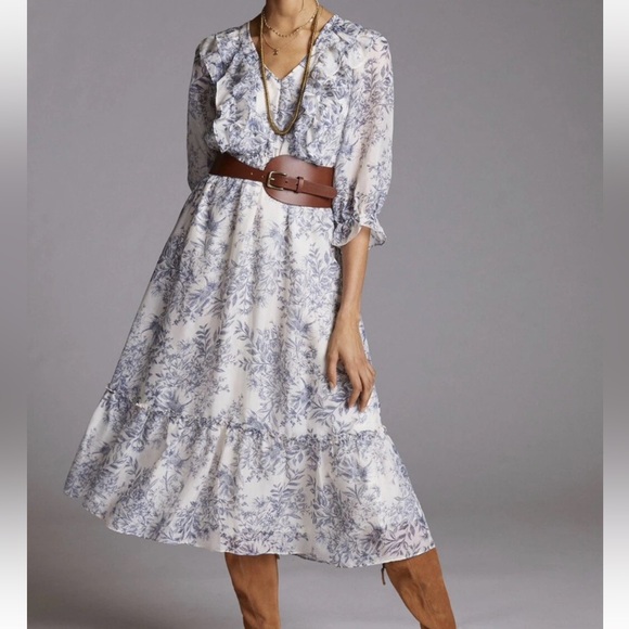 Anthropologie Moon River Blue Floral Ruffle Midi Dress size Small - Picture 2 of 15